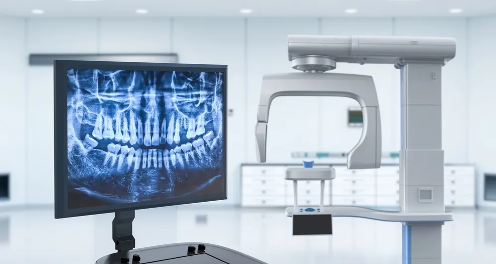 CBCT machine and digital x-ray on a computer screen